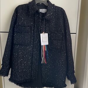 MSGM Black Tweed Jacket with Colorful Sparkle Fringe NWT